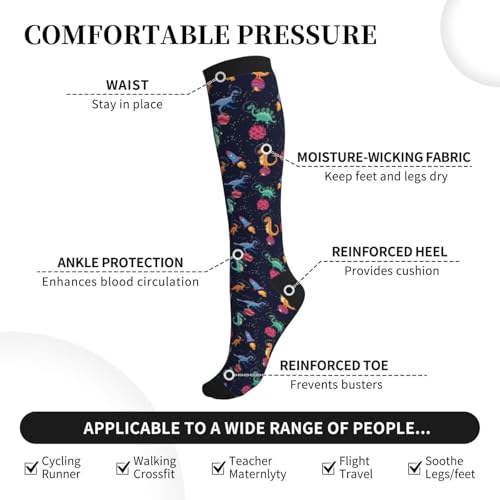Crazy Fun Compression Socks, Unisex Knee High Support Socks - color: Dinosaur