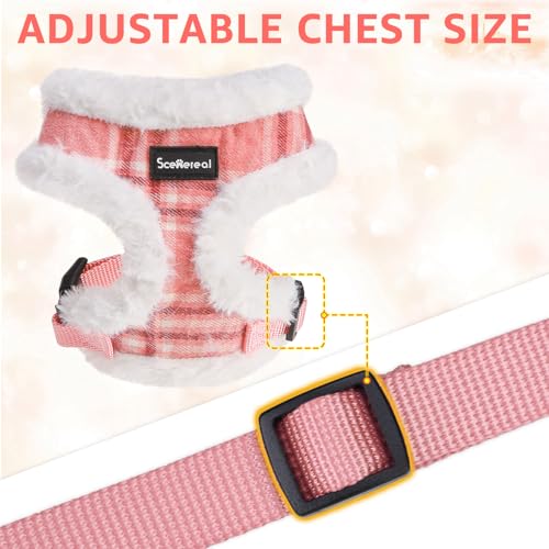 SCENEREAL Small Dog Harness and Leash Set, Fleece Pink Plaid,S - color: Fleece-Pink Check Pattern, size: S: Chest Girth: 14"-18"
