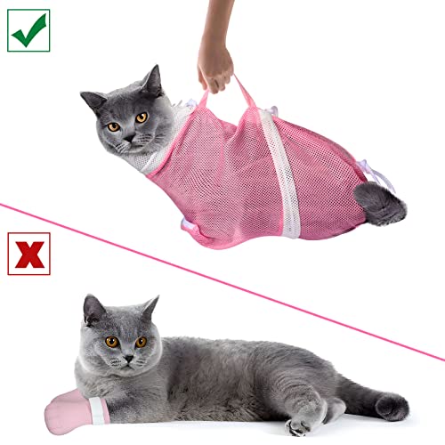 JULMELON 10PCS Cat Bathing Bag Adjustable Shower Washing Net Grooming Set - color: Pink+Grey