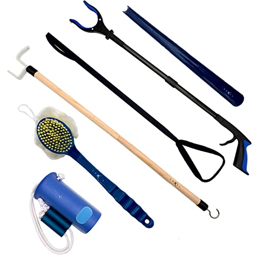 Hip Kit for Total Hip Replacement Prime Kit, Shoe Horn, Foldable 32" Grabber Tool, Dressing Stick & Sock Aide, Leg Lifter, Long Bath Sponge, Grabbers Elderly Reaching Tool, 6PC-Kit, Blue, by Luxet - color: 6pc Hip Replacement Kit Blue