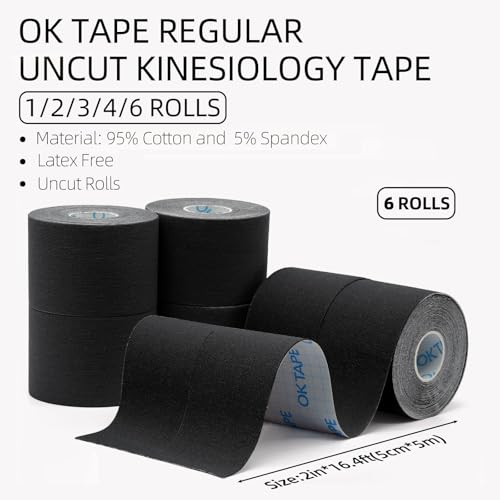 OK TAPE Kinesiology Tape (6 Pack) Latex Free Cotton Uncut 2in x 16.4ft - color: Black, size: 6 Rolls