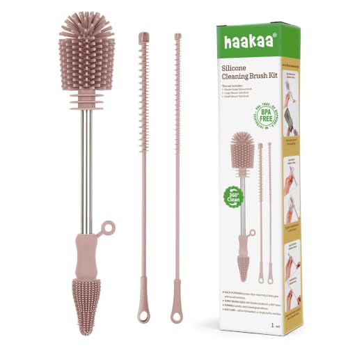 Haakaa Silicone Cleaning Brush Kit,Pink,Portable Bottle Brush Cleaner - color: Pink, size: 3 Piece Set