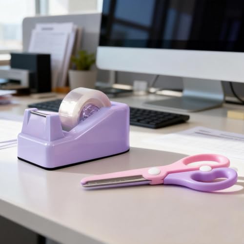 XEUZK Desktop Tape Dispenser Kits with Weighted Nonskid Base Tape Dispenser- Includes 9 Rolls of Transparent Tape(0.71 Inch x 500 inches Each) & Pink Scissors, 2 Pcs Tweezers (Purple) - color: Purple