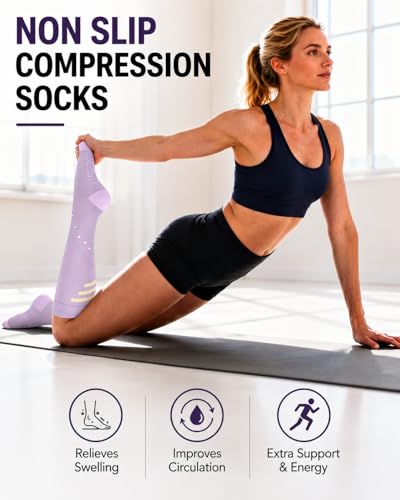 Compression Socks with Grips for Women Toe Pilates Socks Grippy Socks Woman Hospital Non Slip for Pregnancy Nurse - color: B02-Black/Purple