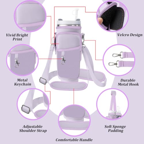 Water Bottle Carrier Bag for Stanley 40/30oz Cup Tumbler with Phone Pocket,Insulated Crossbody Water Bottle Holder with Adjustable Strap,Water Bottle Sling Pouch for Hiking Walking Camping Accessories - color: Purple