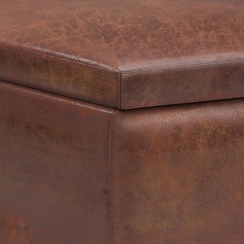 SIMPLIHOME Owen 34" Vegan Leather Storage Ottoman in Distressed Pecan Brown - color: Distressed Pecan Brown
