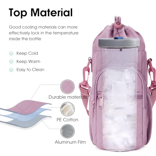 sportsnew 40oz Insulated Crossbody Water Bottle Sling Bag w/Phone Pocket - color: Quilt Pink