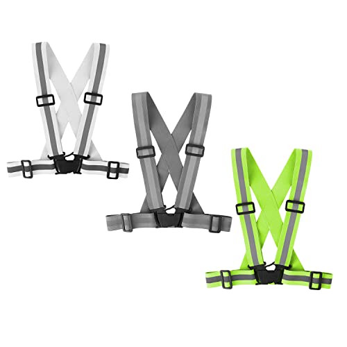 Running Reflective Vest Gear 3 Pack, Adjustable Safety Vest High Visible Reflective Belt Straps Night Walking Vest - color: Green,Gray,White