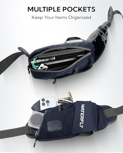 WATERFLY Water Bottle Fanny Pack, Hiking Hydration Belt for Women Men - color: Navy Blue