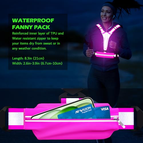 LED Reflective Vest Running Gear, USB Rechargeable Light Up Running Vest Chest Phone Holder for Runners Night Walking - color: Pink
