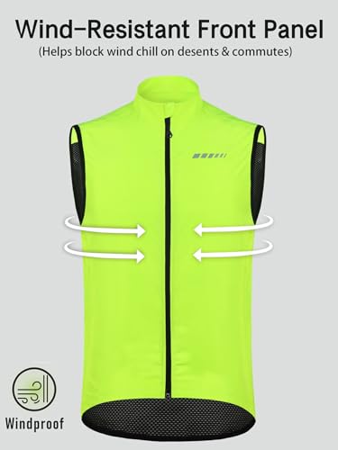 qualidyne Men's Windproof Cycling Vest, Full-Zip, 3 Rear Pockets - color: Yellow, size: Small