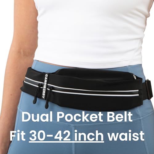 Slim Running Belt - Dual Pocket Waterproof Pouch for All Phones - color: Black (Dual Pocket)