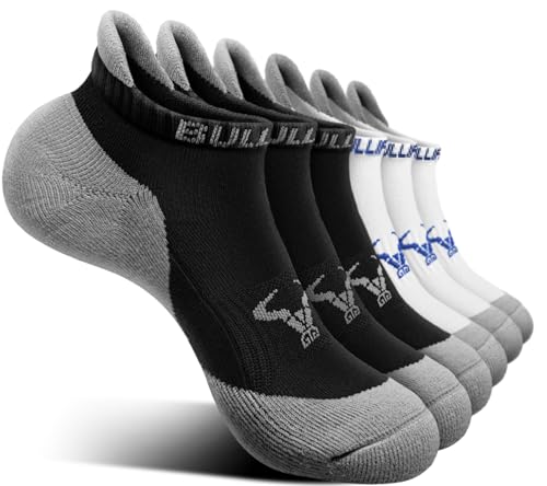 BULLIANT Men Running Ankle Socks 6Pack-Cushioned Support-Low Cut No Show - color: Black/White3644, size: 6-9