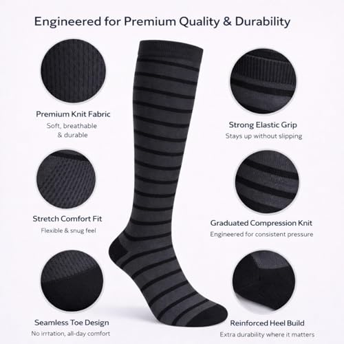 Diamond Star 6 Pairs Compression Socks for Men & Women, Knee High Socks - color: 6 Pairs (Charcoal/Black)