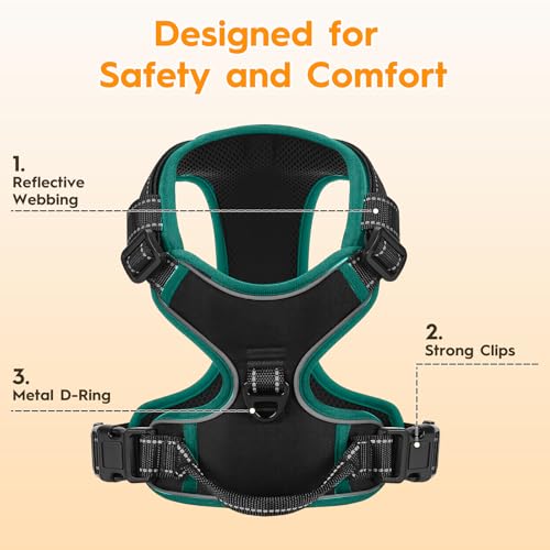 No Pull Dog Harness, No-Choke Soft Padded Reflective Dog Vest Harness with Front Clip & Top Handle, 2 Quick-Release Buckles, Adjustable for Small Medium Large Dogs - color: Black/Turquoise, size: X-Small