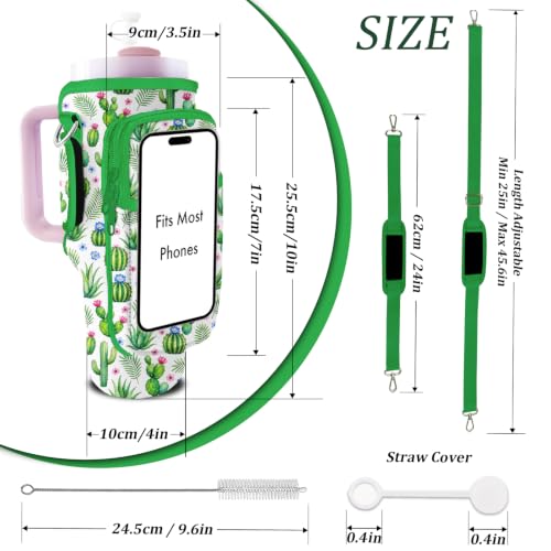 Water Bottle Carrier Bag for Stanley 40/30oz Cup Tumbler with Phone Pocket,Insulated Crossbody Water Bottle Holder with Adjustable Strap,Water Bottle Sling Pouch for Hiking Walking Camping Accessories - color: Cactus Palm Leaves Aloe Vera