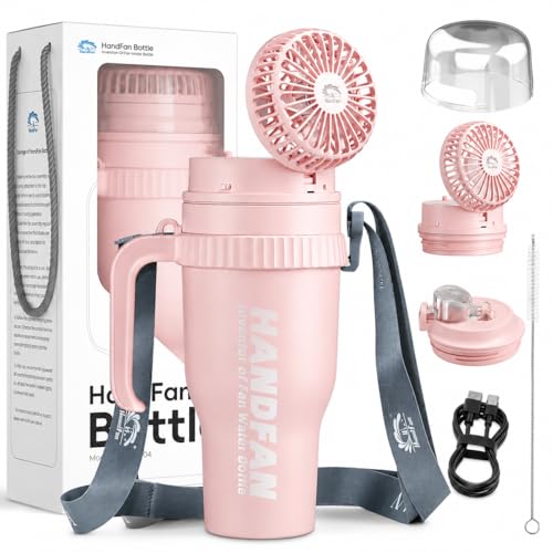 HandFan 40oz Tumbler with Handle, Cooling Water Bottle with Fan - color: Pink