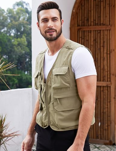 Gihuo Mens Fishing vest for Safari Utility Cargo with Pockets - color: Khaki, size: XX-Large