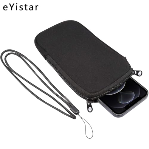 Neoprene Shock Absorbing Proof Pouch Large Cell Phone Sleeve Case Cover w Zipper/Neck Strap for iPhone 14 Plus Samsung Galaxy Note20 Ultra S22 Ultra A13 A03 A23 Moto G Power 2022 LG Stylo 6 (Black)