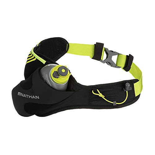 Nathan Peak Running Hydration Waist Pack Belt w/ Speed Draw Flask Water Bottle, 18oz/535 ml Push/Pull Race Cap, Expandable Zippered Stretch Pocket - color: Black