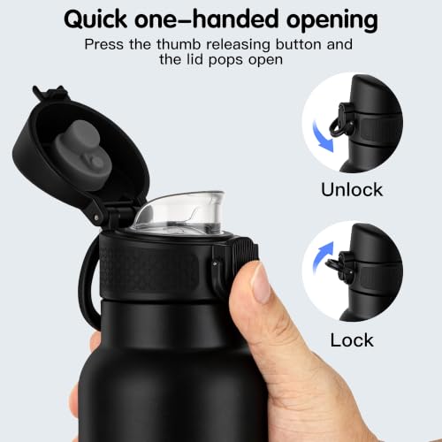 GOPPUS 17oz Insulated Water Bottle with Leak-Proof Flip Lid & Carry Handle,Double-Wall Stainless Steel Bottle for School,Outdoor,and the Gym（Black） - color: Black