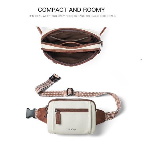 LATMAP 3L TRIPLE ZIP Fanny Packs Belt Bag For Women Men Crossbody Waist Pack Sling Chest Bum Travel Bag Purse Faux Leather Fashion Cute Beige - color: Beige W/ Brown Trim