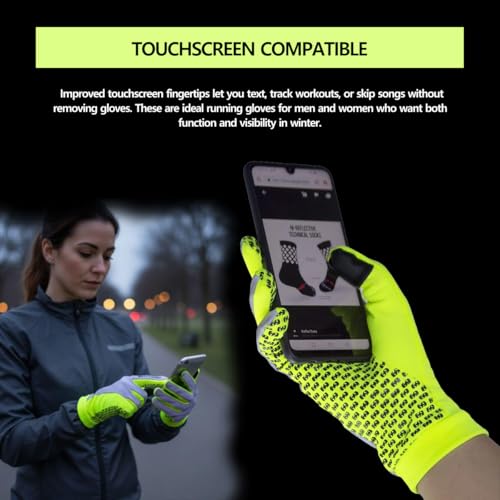 ReflecToes Reflective Winter Running Gloves, Hi Vis Neon Traffic Gloves Men - color: Yellow, size: Small