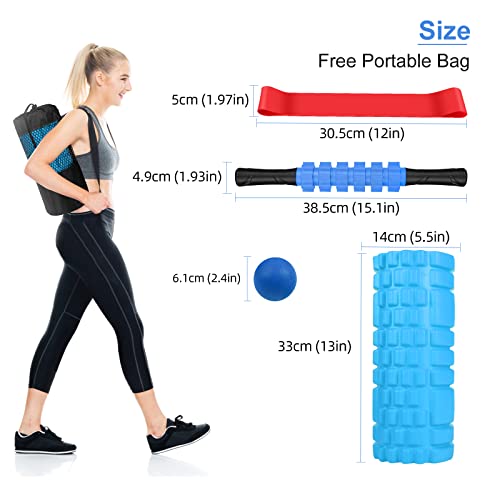 Aucuu 6 in 1 Foam Roller Set Includes Hollow Core Massage Roller, Yoga Stick, Massage Ball, Fitness Stretching Strap, Massage Roller, Carrying Bag, Towel (Blue) - color: Blue