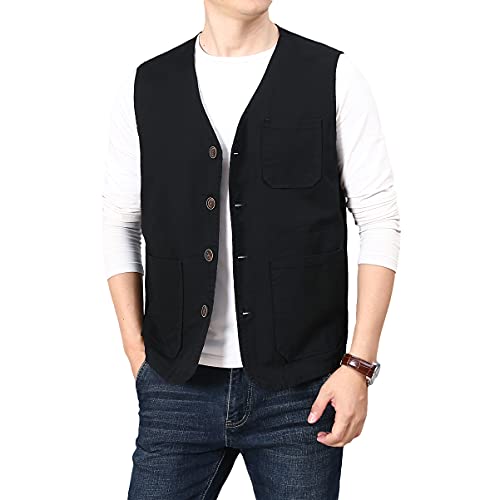 PRIJOUHE Mens Casual Cotton Vest Lightweight Outdoor Fishing Utility Vest - color: 02-black, size: Medium