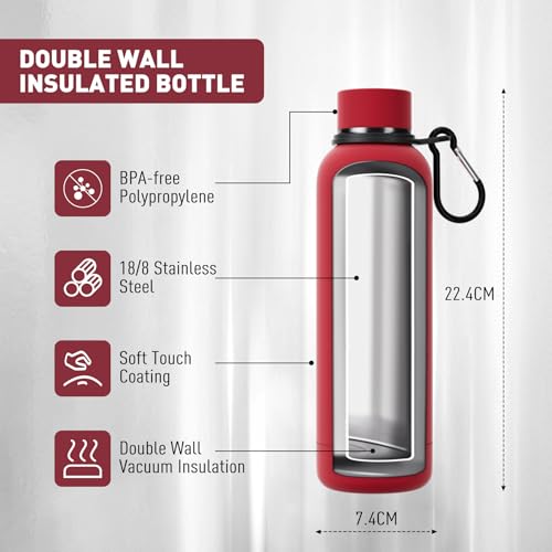 Exllena Slim Insulated Water Bottles for Travel 18oz with Clip, Double Wall Vacuum Stainless Steel Water Bottle Keeps Drinks Cold 24 Hrs/Hot 12 Hrs, 100% Leakproof, BPA Free（Red） - color: Red, size: 500 ml