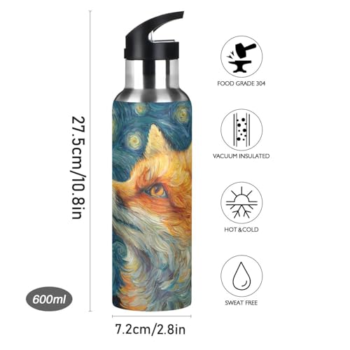 OTVEE Starry Night Fox Water Bottle Sports Water Bottle Insulated Stainless Steel Hot Cold Water Mug with Straw Lid & Handle for Sports Gym 20 oz - color: Starry Night Fox