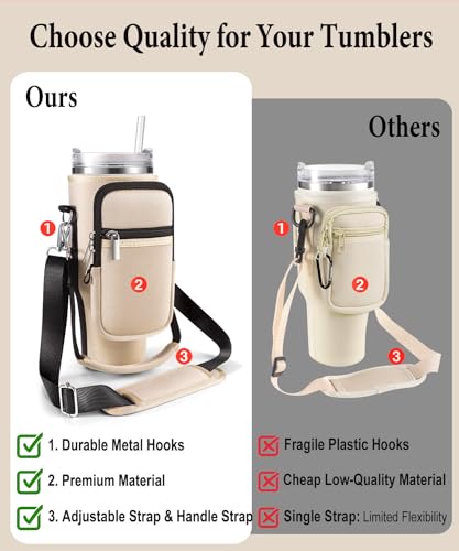 Water Bottle Carrier Bag for Stanley Cup 40 oz with Phone & Storage Pockets - color: Cream