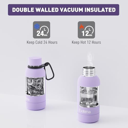 Exllena Small Water Bottle 12oz with Clip, Double Wall Stainless Steel Vacuum Small Insulated Water Bottle Keeps Drinks Cold 24 Hrs/Hot 12 Hrs for Kids Handbag School BPA Free (Purple) - color: Purple, size: 350 ml