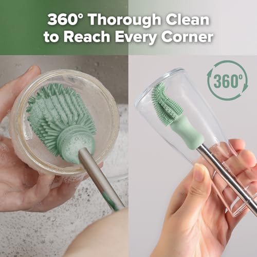 Haakaa Silicone Cleaning Brush Kit,Green,Portable Bottle Brush Cleaner - color: Pea Green, size: 3 Piece Set