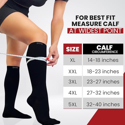 BAMS Plus Size Compression Socks Wide Calf XL XXL XXXL – Graduated Knee-High Support, Viscose from Bamboo Easy-On/Easy-Off - color: Black, size: XX-Large