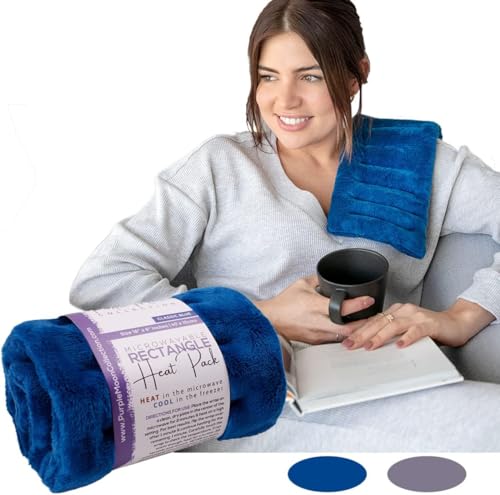 Purple Moon Collection - Microwavable Heating Pad for Neck & Shoulders - 6x16 in, Blue - Flaxseed Heat Pack - Weighted Hot & Cold Therapy Compress Wrap for Pain Relief, Menstrual Cramps, Sore Muscles - color: Blue