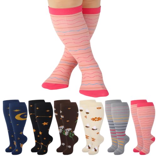 Jspupifip 6 Pairs Plus Size Compression Socks for Women, Wide Calf - color: Black Blue Pink Gray Beige Brown, size: 3X-Large