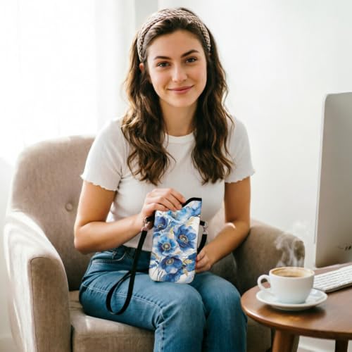 GLOBLELAND Blue Poppy Cell Phone Sleeve Pouch Case Bag 7.1×3.9 inch Blue Flowers Shockproof Universal Phone Bag with Crossbody Strap Neck Lanyard for Women Men Phone Headphones Watch - color: Blue Poppy