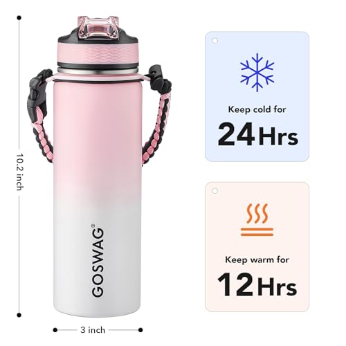 GOSWAG 24oz Insulated Stainless Steel Travel Water Bottle, 2 Lids - color: Pink-White Ombré