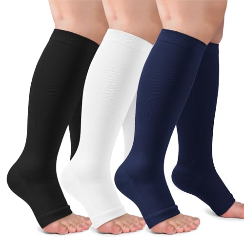 CTHH Toeless Compression Socks for Women & Men Open Toe Knee High Stocking - color: White/Navy Blue/Black, size: Small-Medium