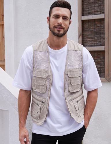 Gihuo Men's Utility Vest Fishing Safari Vest Summer Travel Vest with Pockets - color: Beige 02, size: Small