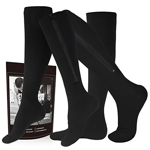 cerpite Zipper Compression Socks, 2 Pairs 15-20 mmHg Closed Toe Compression Stockings for Men Women - color: Black, size: Large-X-Large