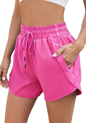 Halife Women's High Waisted Quick Dry Athletic Running Shorts with Pockets - color: Hot Pink, size: XX-Large