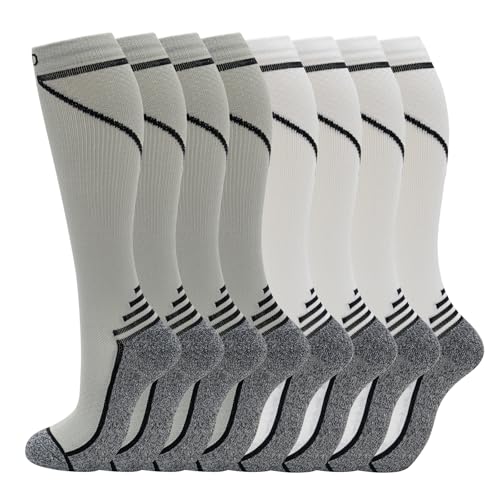 fenglaoda 8 Pairs Compression Socks for Men & Women 20-30 mmHg Knee High Nurse Pregnant Running Medical and Travel Athletic - color: 03-8 pairs-grey/white line, size: Small-Medium