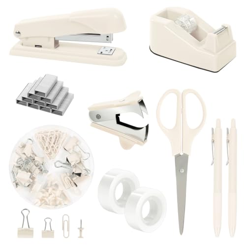 SKYDUE Office Supplies Set, Stapler and Tape Dispenser Set,10PCS - color: Beige