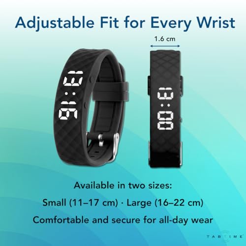 Tabtime Vibrating Alarm Reminder Watch - with up to 10 Personal Alarms or Pill Reminders per Day - color: Black, size: Large