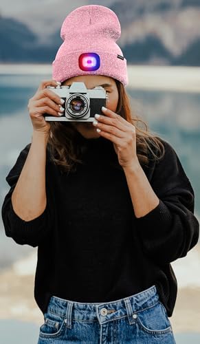 ATNKE LED Lighted Beanie Hat,USB Rechargeable 4 LED Red and Blue Flashing Running Headlamp Cap Gifts for Men and Women - color: #Blended Pink Goldwire