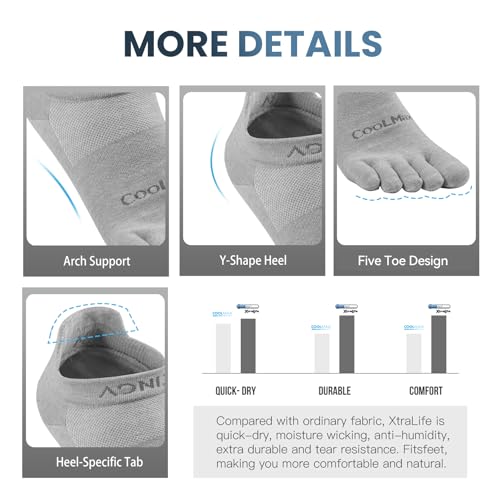 Toe Socks for Men and Women Athletic Running Coolmax Five Finger Ankle/Quarter Socks Breathable Lightweight, 3 Pairs - color: E4110# Light-gray, size: Small