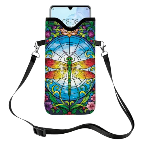 GLOBLELAND Dragonfly Cell Phone Sleeve Pouch Case Bag 7.1×3.9 inch Insect Shockproof Universal Phone Bag with Crossbody Strap Neck Lanyard for Women Men Phone Headphones Watch Multicolor - color: Dragonfly Flowers