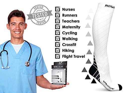 Physix Gear Compression Socks 20-30 mmHg - Men & Women - Running, Nurses, Shin Splints, Flight, Travel - color: White, size: Small/Medium